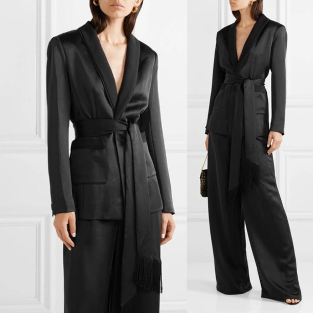 Rachel Zoe | Roarke Belted Blazer in Black Satin with Grosgrain Trim 6